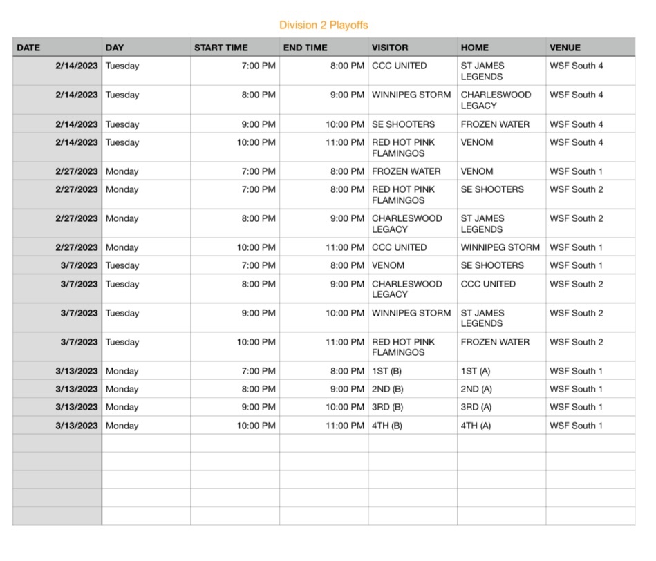 WpgWomensSL's tweet photo. Division 2 and 3 playoff schedules. 

We are having difficulties with loading these schedules onto the website but are hoping to have it corrected on Monday. https://t.co/XVY19p8z1m