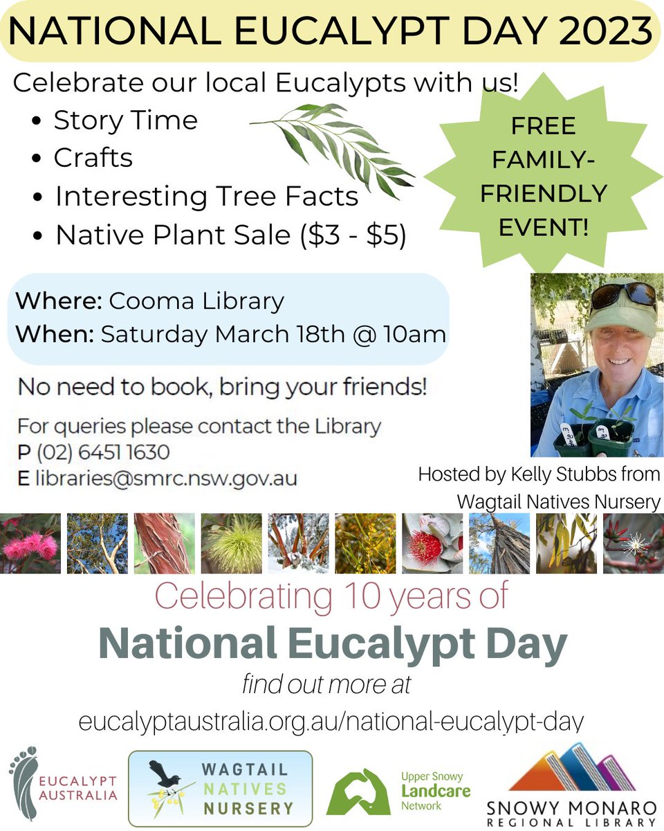UPCOMING EVENT!

Thanks everyone for bearing with us during our unplanned hiatus.

Come along to Cooma Library on Saturday March 18th for a fun event celebrating #NationalEucalyptDay!

This free, family-friendly event will be followed by a plant sale. Hope to see you there!