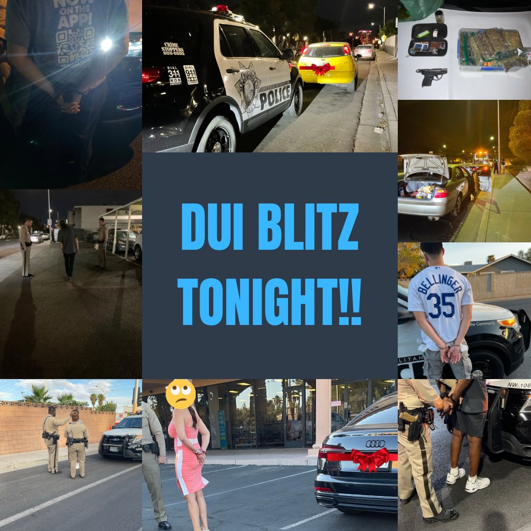 LVMPD_Traffic's tweet photo. 🚨🚨ATTENTION🚨🚨
DUI BLITZ TONIGHT!! We are out in full force again. We are going to make it hostile for impaired drivers on our roads.If you are thinking about driving impaired, think again! #StopDUI #DriveHighGetADUI #DriveDrunkGetADUI #MakeASmartChoice #ZERO #ZeroFatalities https://t.co/Br8hDnXErm