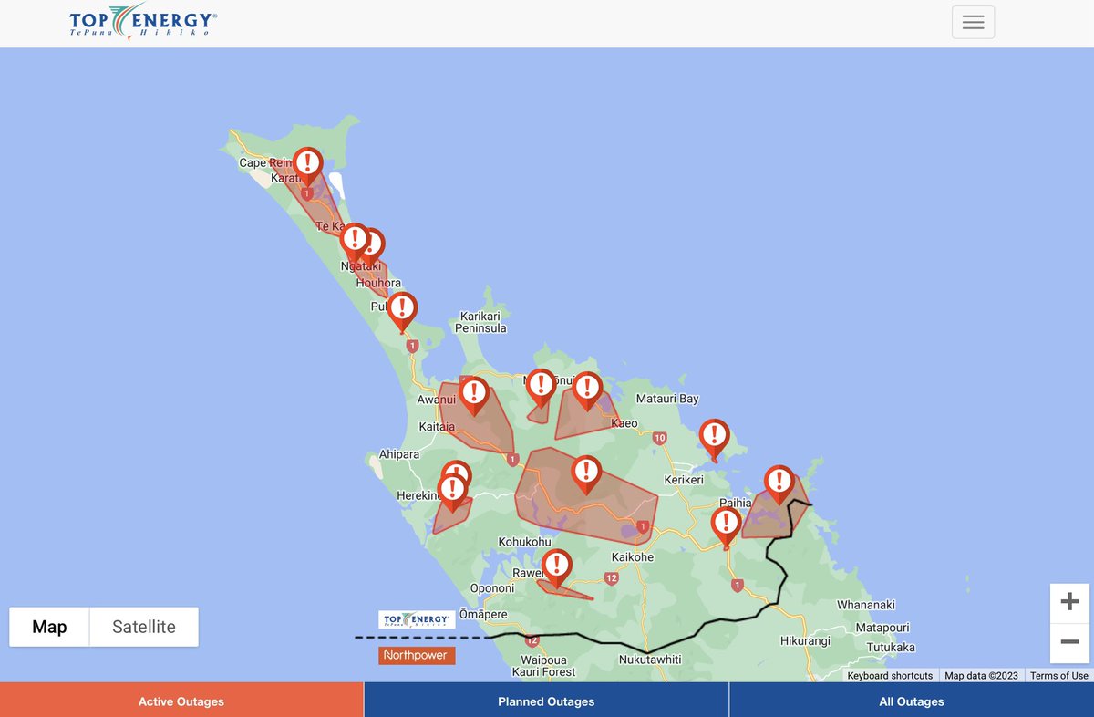 Latest power outages in the Far North of NZ as #CycloneGabrielle begins to impact.
