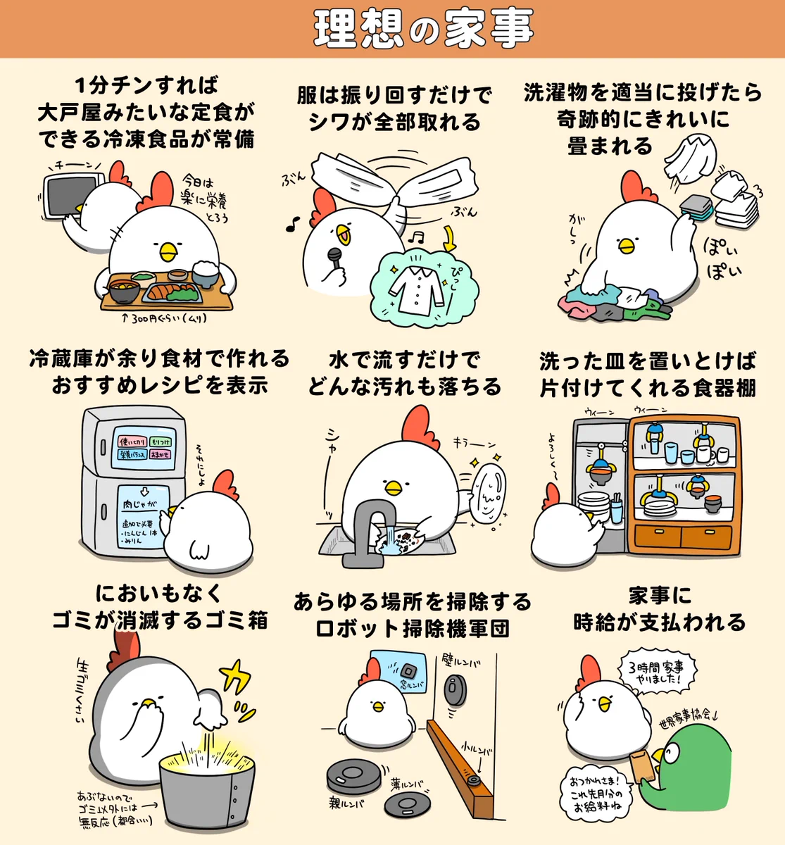 実際にこうだったら良いのに･･･！「理想の家事」を描いたイラストが話題に！