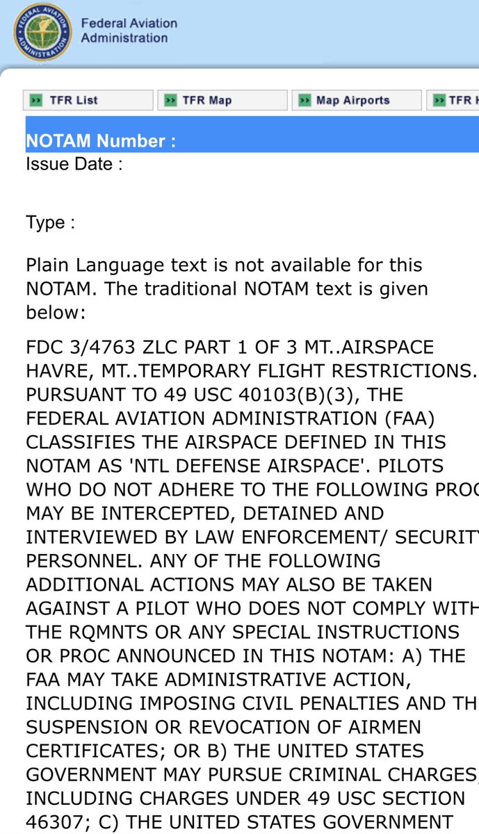 adamlongoTV's tweet photo. (1) BREAKING: @FAANews issues NOTAM (basically a no fly zone) over Havre, Montana for unknown reasons.
The NOTAM reads:
“FEDERAL AVIATION ADMINISTRATION (FAA) CLASSIFIES THE AIRSPACE DEFINED IN THIS NOTAM AS 'NTL DEFENSE AIRSPACE. 
(Cont… ) https://t.co/y4xy0jzjyB