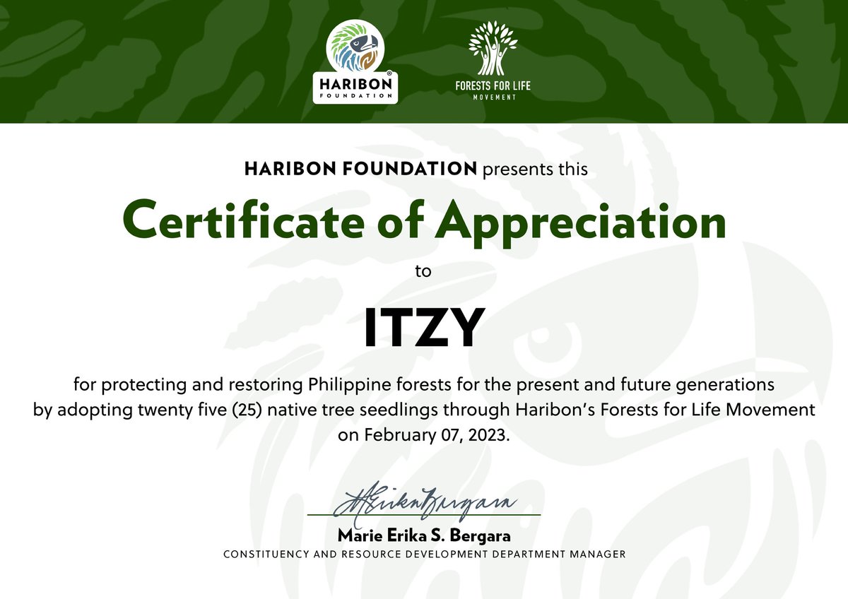 FILOMIDZY_FUNDS's tweet photo. We're very delighted to announce that with our remaining fund, we successfully adopted 25 native tree seedlings through @GoHaribon's Forest Life Movement under @ITZYofficial's name for #ITZY_4th_Anniversary 🤍

4 YEARS WITH ITZY
#믿지와_함께_날아오른_있지의4주년 https://t.co/WRxhPULHgL