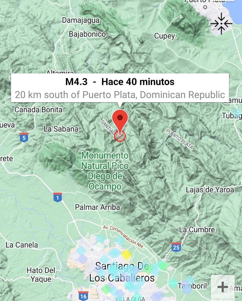 Osirisdleon's tweet photo. El temblor de tierra sentido hace un rato en Santiago, Moca, Navarrete, Puerto Plata y gran parte del Cibao ha sido corregido a magnitud 4.3 y su epicentro ha sido corregido y reubicado en el área norte del pico Diego de Ocampo, al norte de Santiago de los Caballeros. https://t.co/wzTBPls4mV
