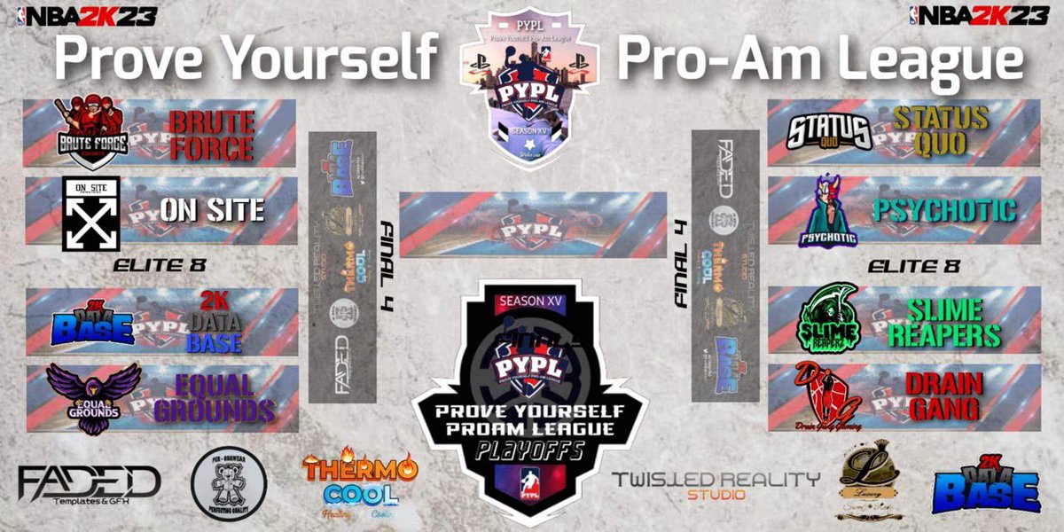 PYPL (@official_pypl) on Twitter photo And then… there were 8! Shout out to the elite 8 as they will be in action over the next two days!!! More information to come!
<a href="/EqualGrounds2k/">EG 2k</a>
On Site
Drain Gang
<a href="/SlimeReaperz_/">SLIME REAPERZ 🟢🟢</a>
Brute Force
<a href="/The2KDatabase/">2K Database</a>
Status Quo
Psychotic
Graphic by: @PeteySnow And then… there were 8! Shout out to the elite 8 as they will be in action over the next two days!!! More information to come!
<a href="/EqualGrounds2k/">EG 2k</a>
On Site
Drain Gang
<a href="/SlimeReaperz_/">SLIME REAPERZ 🟢🟢</a>
Brute Force
<a href="/The2KDatabase/">2K Database</a>
Status Quo
Psychotic
Graphic by: @PeteySnow