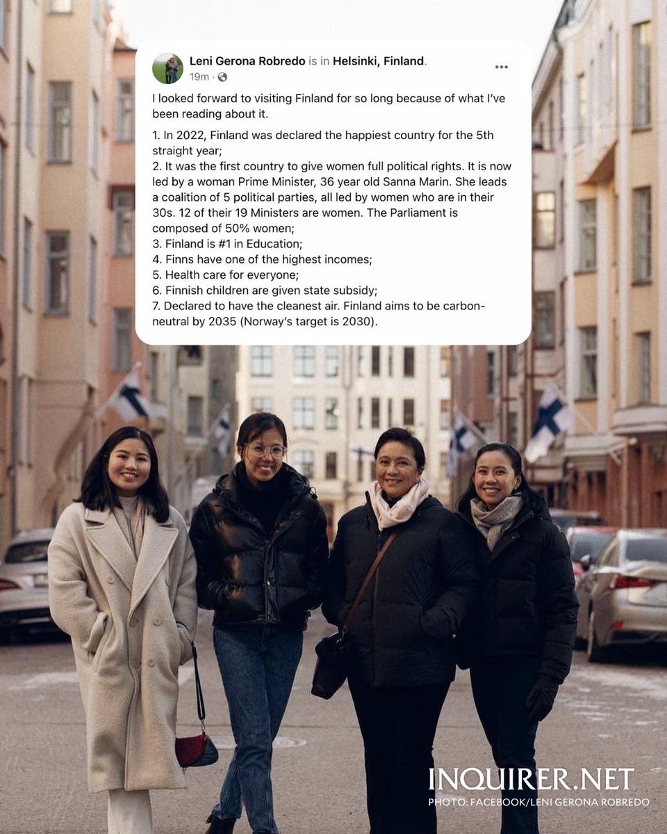 inquirerdotnet's tweet photo. THE ROBREDOS IN FINLAND ❄️

LOOK: Former Vice President Leni Robredo shares some photos from her family trip in Helsinki, Finland, while also citing her reasons for visiting the European country. | 📷: Robredo/Facebook. https://t.co/HHLso7QHvN