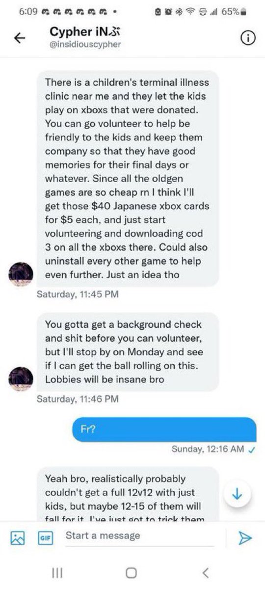 imgamehunter's tweet photo. This dude just got exposed for trying to use a terminally ill children’s hospital to set up “the best cod lobbies” ever 

1) this is awful 
2) what the fuck https://t.co/UfF2LaK2zX