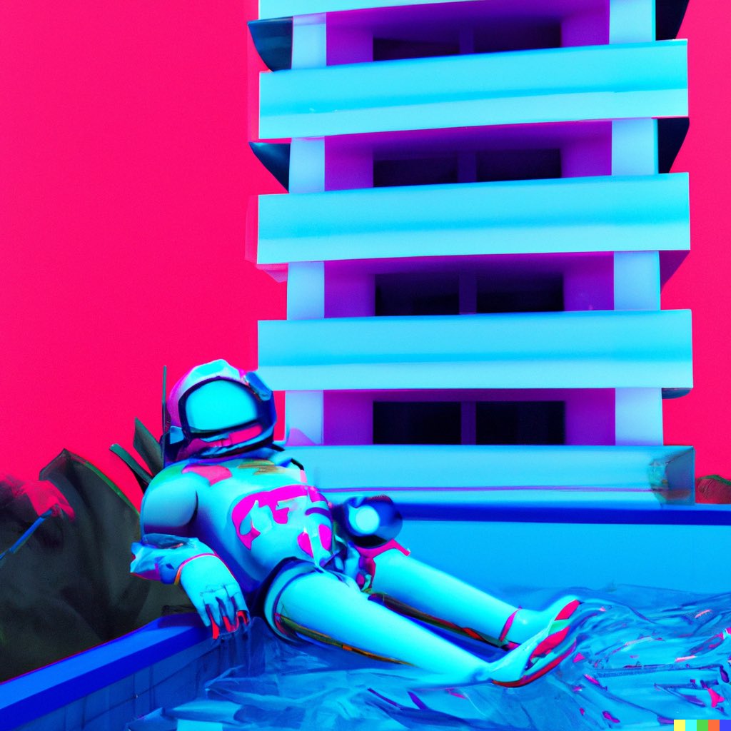 SynthWaveArt's tweet photo. An Astronaut lounging by a pool on a sky rise building. 🏙👨‍🚀💦 #synthwave #synthwaveart #astronaut #art https://t.co/78V0nbHJ6r
