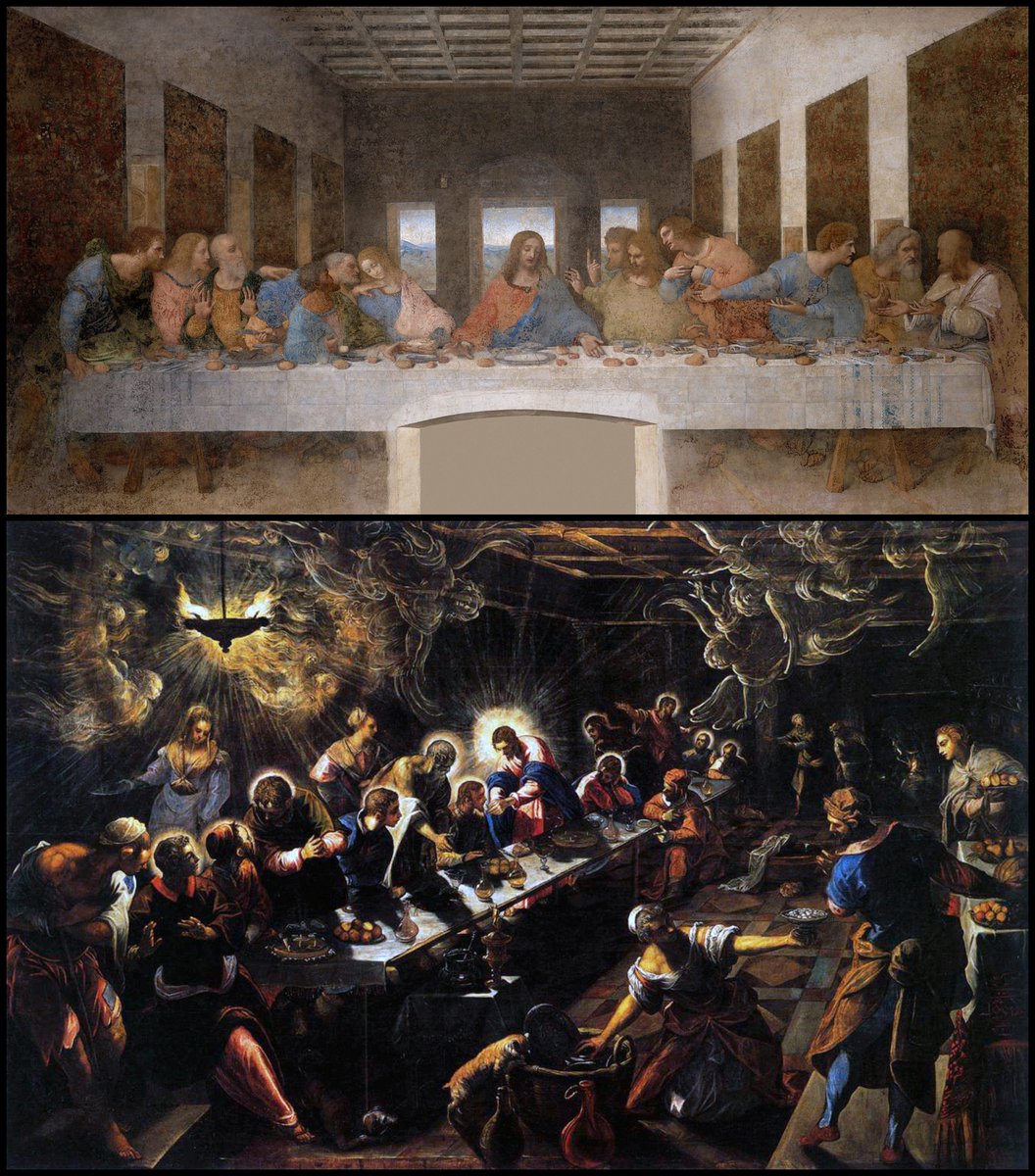 culturaltutor's tweet photo. Renaissance art had much in common with that of Classical Greece. But what came next - first Mannerism and then the Baroque - followed a similar transition from Classical composure to Hellenistic drama.

Consider these two depictions of The Last Supper painted a century apart. https://t.co/ly85BvQfQp
