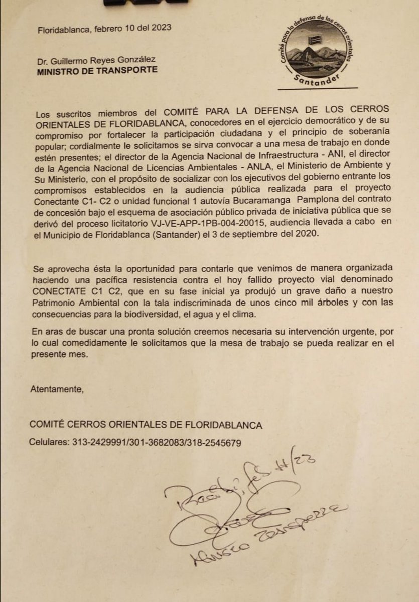 comite_cerros's tweet photo. Con la firma de Guillermo Reyes, ministro de transporte se da el primer paso para conformar una mesa de trabajo que evalúe el proyecto Conectante C1 C2💦

#NoConectanteC1C2
#FueraAutovia
#yodefiendoloscerros https://t.co/KCJJHYNbR2