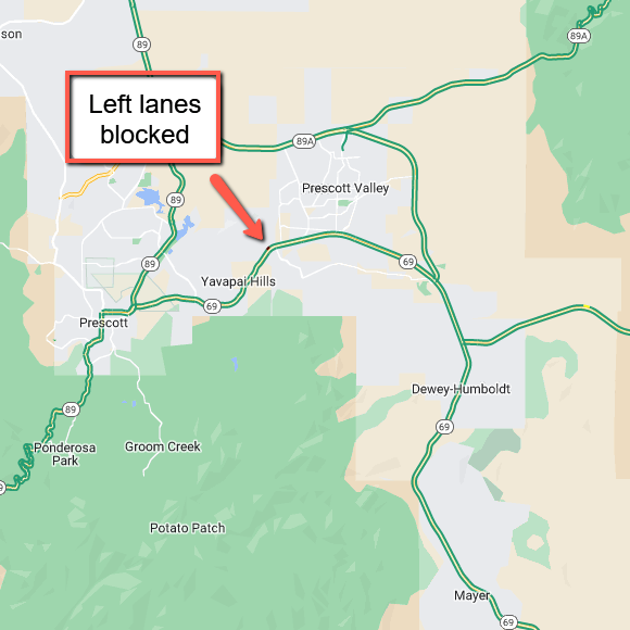 ArizonaDOT's tweet photo. SR 69 at milepost 290: The left lanes are blocked in both directions.
#aztraffic #SR69 https://t.co/IqMpj4KPI5