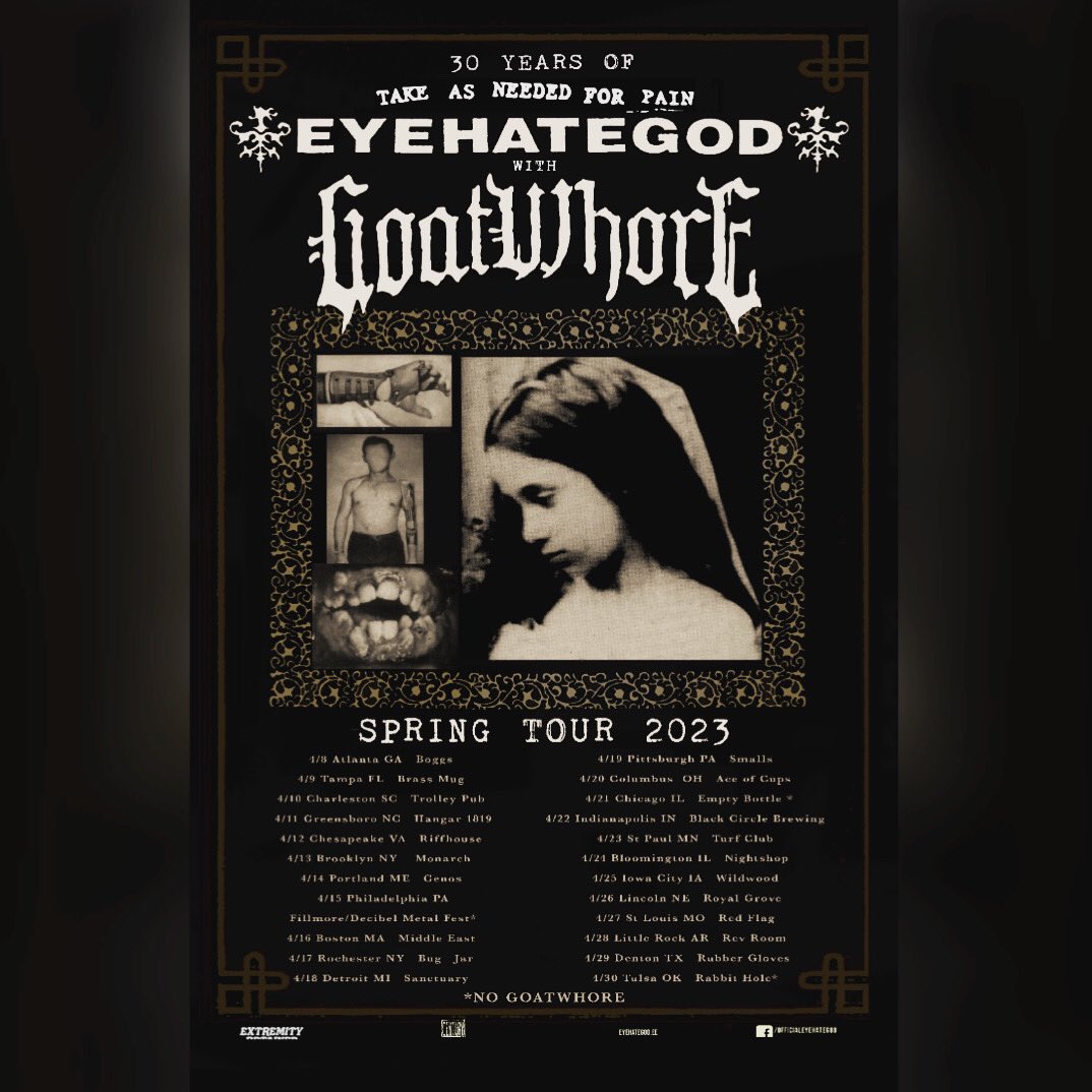 2023 Spring Tour!!! 
New Orleans on the road this April..! 
If you miss this I feel like we can’t be friends ever again..,for real ☠️

#eyehategodnola 
#goatwhorenola 
#neworleansculture 
#takeasneededforpain 
#historyofnomadicbehavior 
#angelshungfromthearchesofheaven