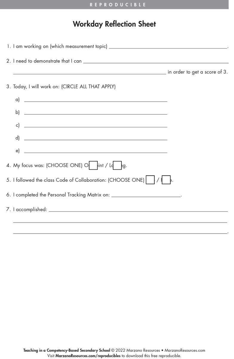 Having secondary students reflect on their behavior is a useful practice. You can use this template from Teaching in a Competency-Based Secondary School to create a reflection sheet that students might fill out at the end of the day or class period. bit.ly/39XoJCV