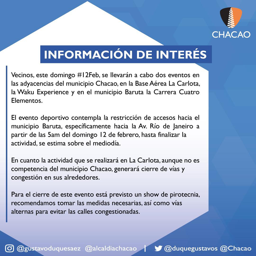 ARUACA1's tweet photo. Vecinos, este domingo #12Feb, se llevarán a cabo dos eventos en las adyacencias del municipio Chacao, en la Base Aérea La Carlota, la Waku Experience y en el municipio Baruta la Carrera Cuatro Elementos. https://t.co/lqAIJEkAlf