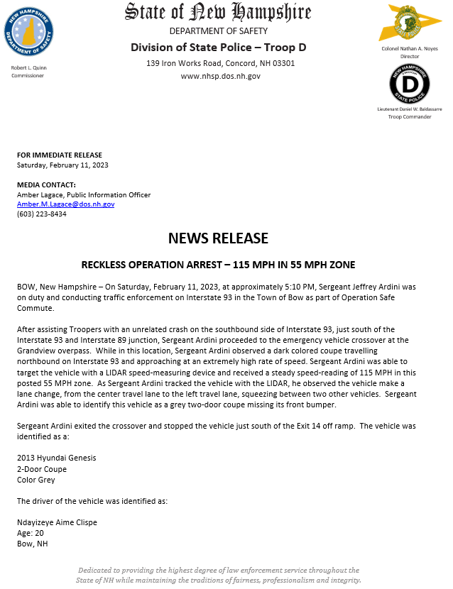 New Hampshire State Police on Twitter "RECKLESS OPERATION ARREST 115