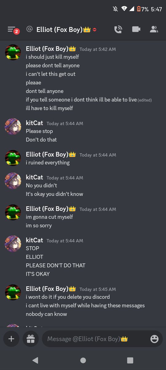 FretCore's tweet image. TW// Sexually explicit messages, threatening suicide

Here are Kit&apos;s messages that he dug up. Sharing with permission
Kit is 13 years old. THIRTEEN. And he sent this shit.

#ElliotGindi