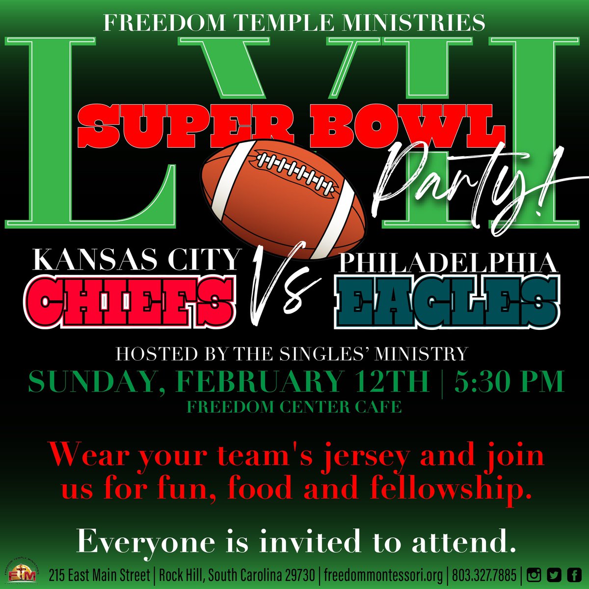 FTM_SC's tweet photo. REMINDER: SUPER BOWL - This Sunday at 5:30 pm. Join us for food, fun and fellowship! Sponsored by the Singles Ministry. Everyone is invited to attend. #ftmrockhill https://t.co/iuzigIopd5