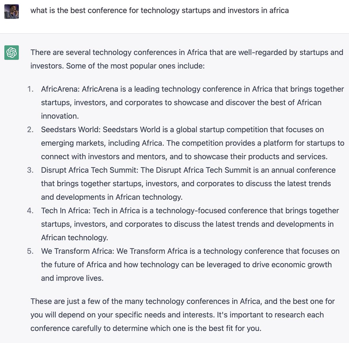 Just ask #ChatGPT about #tech #conference in #africa for #vc and ##startup #founders