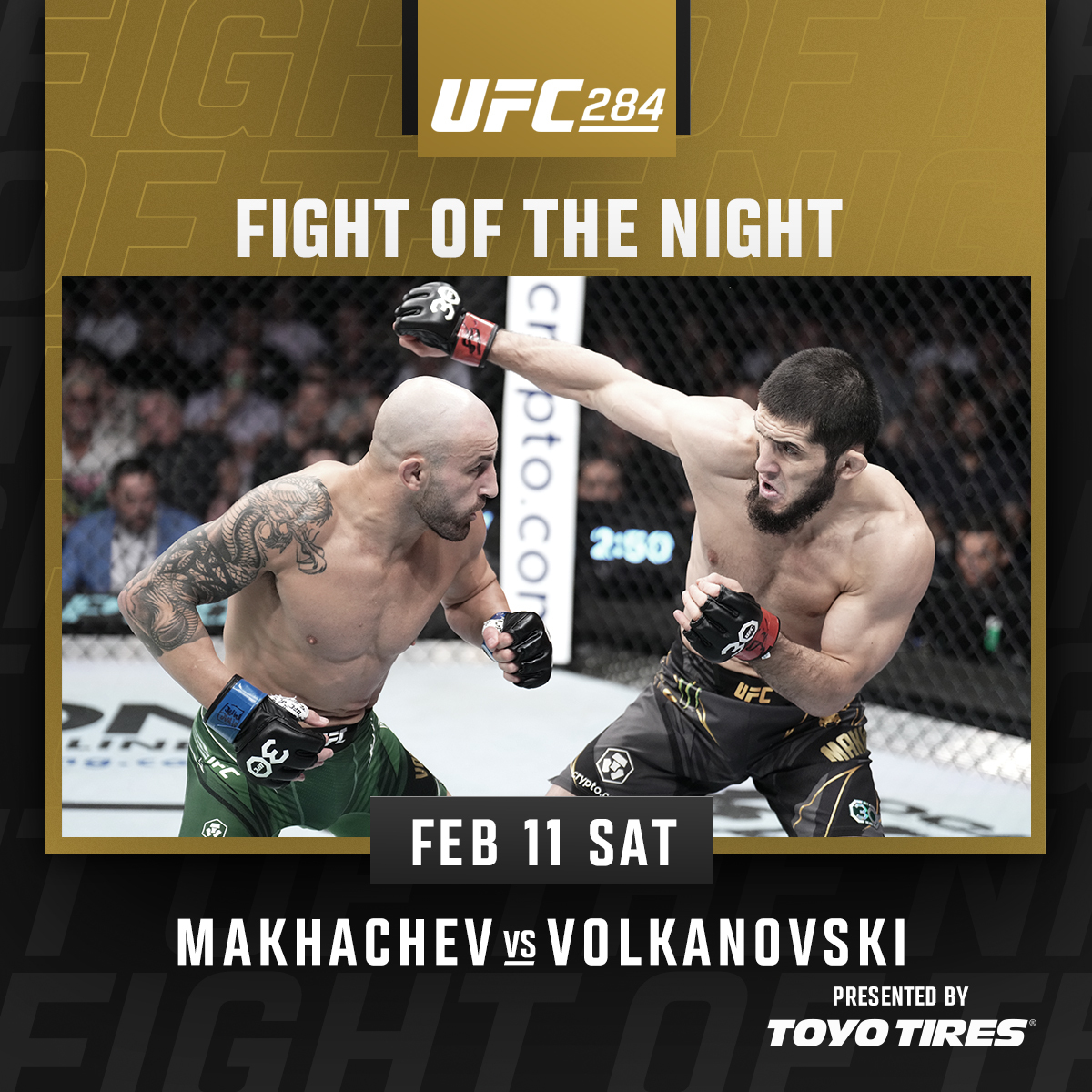 ufc's tweet photo. Absolutely no doubt about it 🔥

@MakhachevMMA vs @AlexVolkanovski is your #UFC284 Fight of the Night!

[ B2YB @ToyoTires ] https://t.co/BZmQsp4L4h
