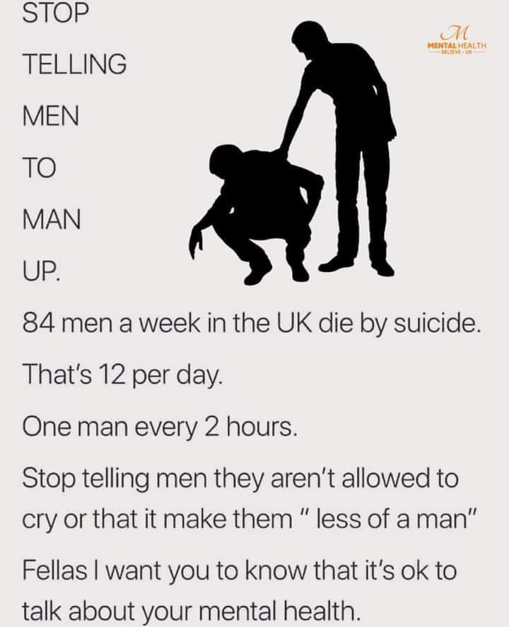💚 Stop telling men to man up 💚

#jimsstopthestigma 
#suicideawareness
#mentalhealth 
#mensmentalhealth 
#mensmentalhealthawareness 
#stoptellingmentomanup 
#ITSOKAYTOTALK 
#itsokaynottobeokay 
#itsnotweaktospeak 
#talkingsaveslives