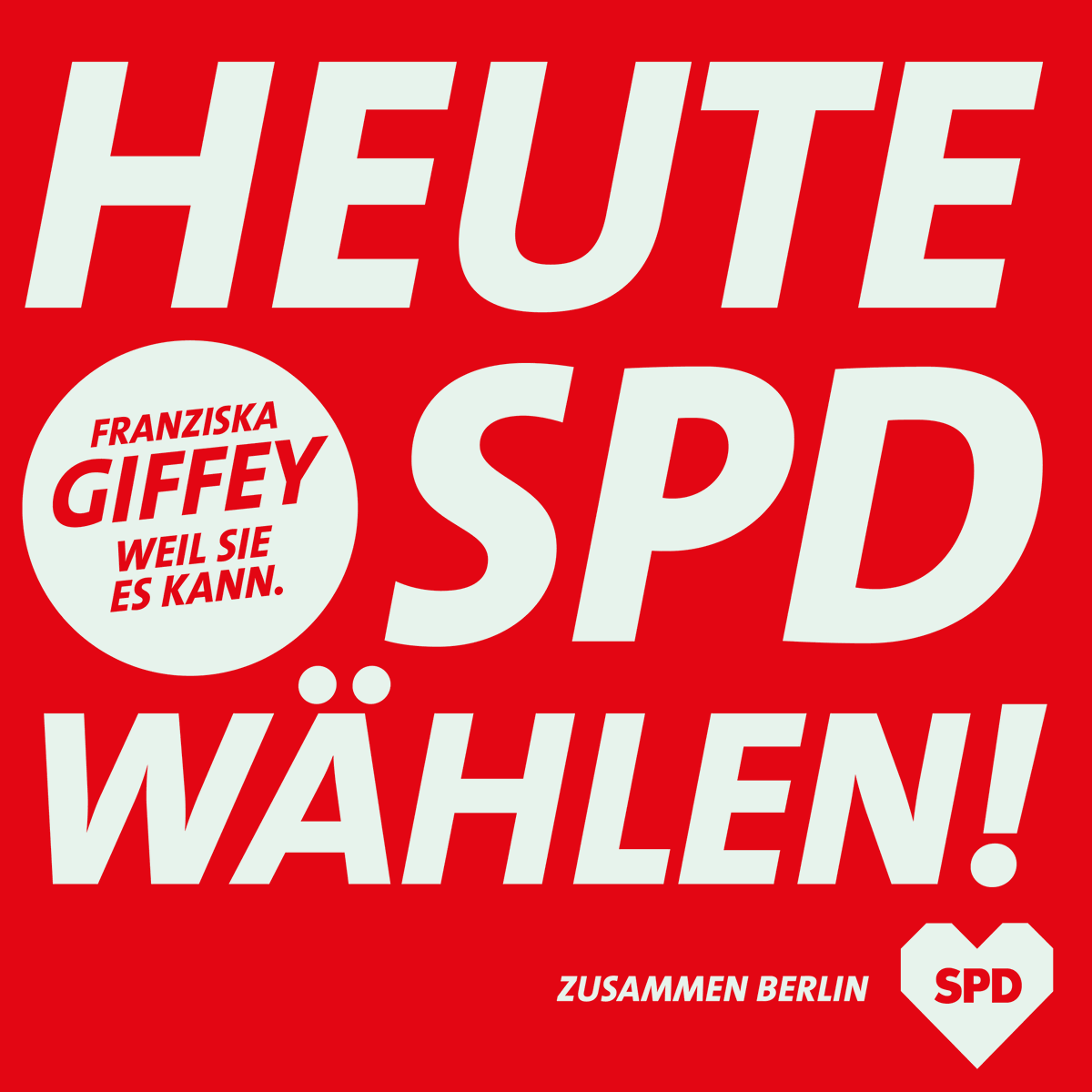 Jetzt öffnen die Wahllokale! Bei der Wahl heute geht es darum, wer unsere Stadt regieren soll und kann. <a href="/franziskagiffey/">Franziska Giffey</a> hat die nötige Erfahrung, das politische Konzept und den Blick für alle Bürger*innen. Deshalb: Heute SPD wählen! #WeilSieEsKann #ZusammenBerlin