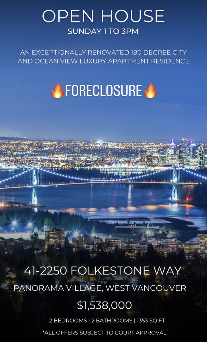 🔥FORECLOSURE!🔥 
⬇️REDUCED!! NOW $1,538,000⬇️
✨OPEN HOUSES Feb 12 | 1-3 PM
📍41-2250 Folkestone Way, West Vancouver

✅180 DEGREE CITY &amp; OCEAN VIEW!
✅ 2 BD | 2 BTH | 1,353 SQFT
✅FULLY RENOVATED CONDO WITH DELUXE FINISHES
✅NOW LISTED FOR $1,538,000
🔥COURT ORDERED SALE!