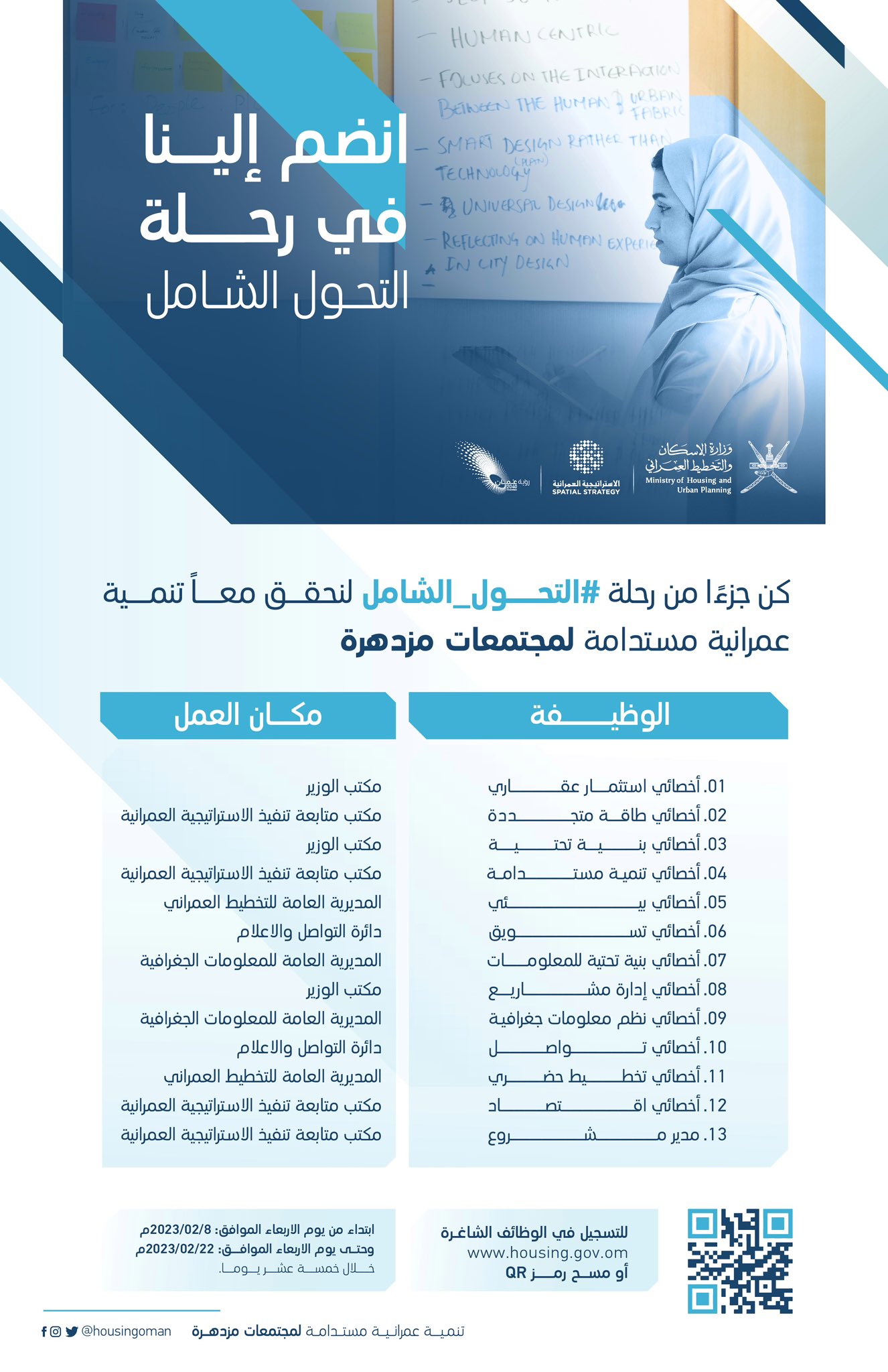 كن جزءًا من رحلة التحول الشامل لنحقق معًا تنمية عمرانية مستدامة لمجتمعات مزدهرة. الوظائف: ١) أخصائي استثمار عقاري (مكتب الوزير) ٢) أخصائي طاقة متجددة (مكتب متابعة تنفيذ الاستراتيجية العمرانية) ٣) أخصائي بنية تحتية (مكتب الوزير) ٤) أخصائي تنمية مستدامة (مكتب متابعة تنفيذ الاستراتيجية العمرانية) ٥) أخصائي بيئي (المديرية العامة للتخطيط العمراني) ٦) أخصائي تسويق (دائرة التواصل والاعلام) ٧) أخصائي بنية تحتية للمعلومات ( المديرية العامة للمعلومات الجغرافية) ٨) أخصائي إدارة مشاريع (مكتب الوزير) ٩) أخصائي نظم معلومات جغرافية (المديرية العامة للمعلومات الجغرافية) ١٠) أخصائي تواصل ( دائرة التواصل والاعلام) ١١) أخصائي تخطيط حضري (المديرية العامة للتخطيط العمراني) ١٢) أخصائي اقتصاد (مكتب متابعة تنفيذ الاستراتيجية العمرانية) ١٣) مدير مشروع (مكتب متابعة تنفيذ الاستراتيجية العمرانية) الشروط🔻 ‏‪http://bit.ly/3Iiw0vB‬ للتسجيل🔻 ‏‪www.housing.gov.om‬ أخر موعد لتقدم:2023/2/22
