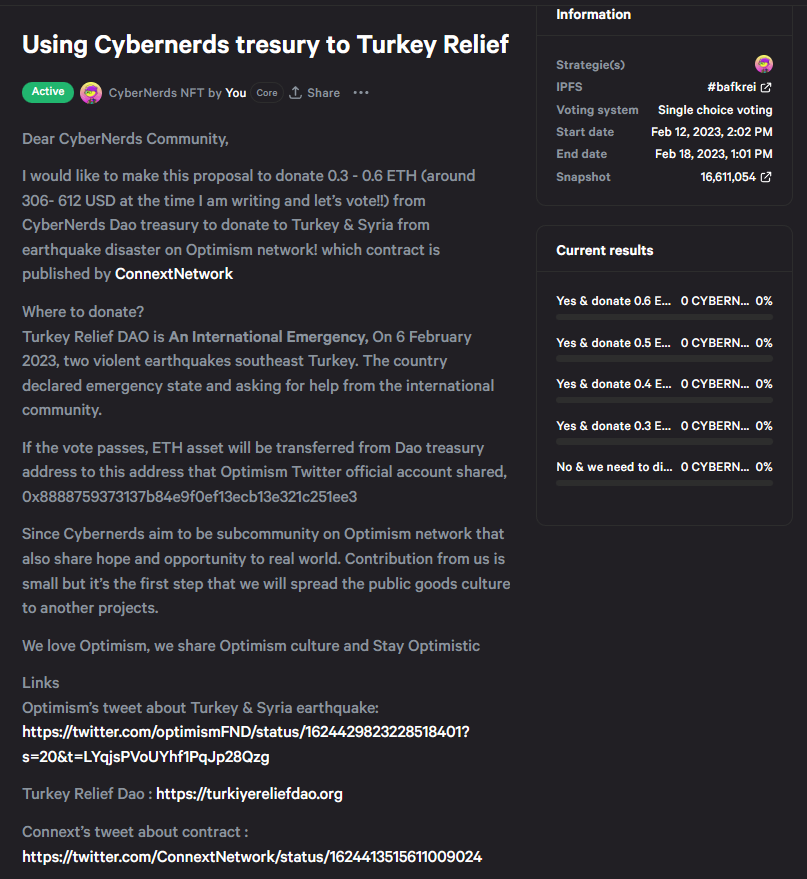 We are having vote on snapshot. it's about donation to  <a href="/TurkeyReliefDAO/">TURKIYE Earthquake Relief DAO 🇹🇷</a> 
 
🌟 🌟 
Let's vote : snapshot.org/#/cybernerds.e…

Date : now to 18th FEB 01:01pm GMT+7

#TurkeySyriaEarthquake  #Optimism #cybernerds