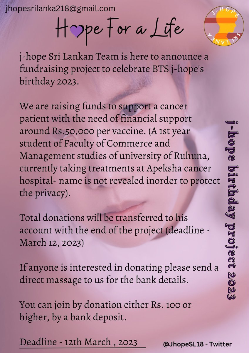 JhopeSL18's tweet photo. 📢 Project announcement!

H💜PE FOR A LIFE - j-hope birthday project 2023 by team JSL!

We are raising funds inorder to support a cancer patient in need of financial support.🥺💚

Please read for more information &amp; kindly share!

#jhopeBdayProjectTeamJSL #jhopeBirthday #jhope https://t.co/uTAIlw4aEz