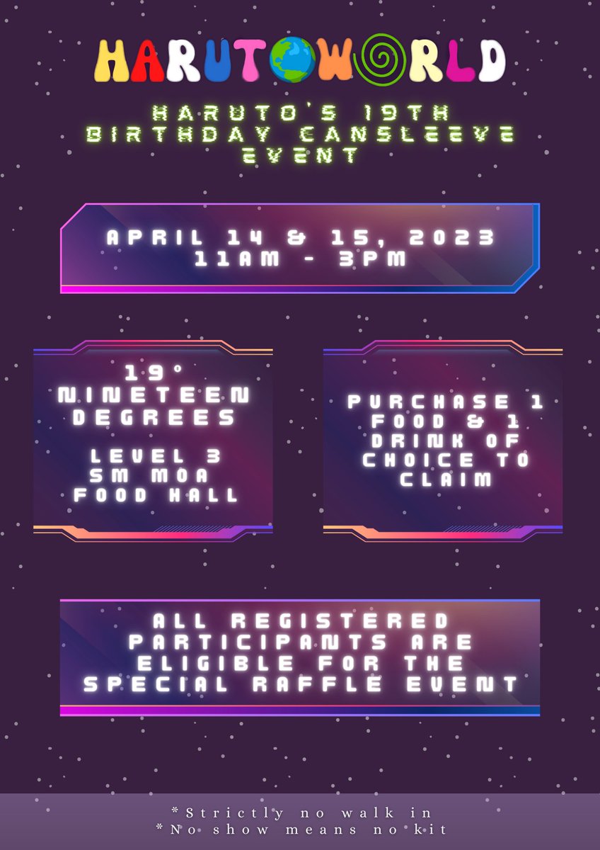 HARUTONATIONS_'s tweet photo. HARUTOWORLD
#HARUTO 19th BIRTHDAY CANSLEEVE EVENT
🕐 11:00 AM - 3:00 PM
📍 19° Nineteen Degrees 3rd Level Food Hall, SM Mall of Asia Pasay City
🗓️ April 14, 2023 (Day 1)
form: https://t.co/vrvo5Ehc99
🗓️ April 15, 2023 (Day 2)
form: https://t.co/PsH8VLnhl6 https://t.co/AFffqRUFzx