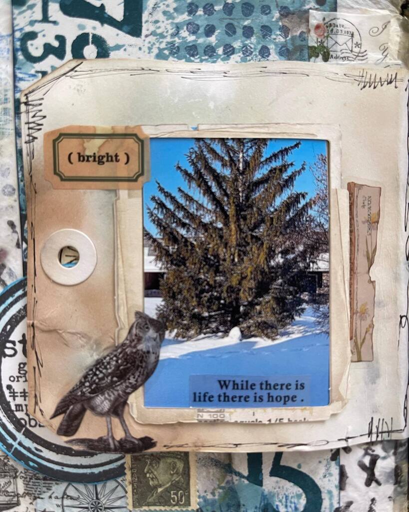 BearseKaren's tweet photo. Day 23: Stickers… #junkjournaljanuary pic from recent trip home cold and snowy yet green. #artjournals #artjournaling #inkygoodness #ephemera #stickers #mixedmedia #junkjournal #photodocumentary #memorymaking https://t.co/m1KgCsQYzY https://t.co/TZtNOu4ji2