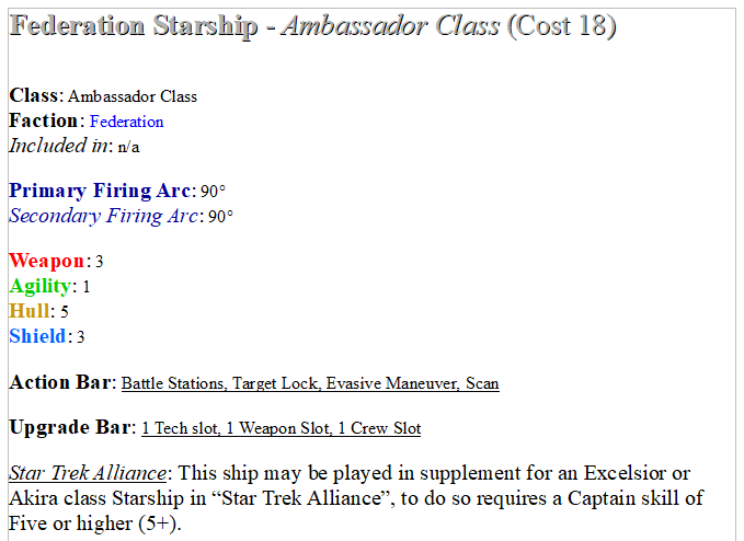 Bran_Ridire's tweet image. I noticed I couldn&apos;t find any #Ambassadorclass #FederationStarShips on the #AttackWing wiki.
So, I did a thing, @wizkidsgames! (You&apos;ll never see it but, eh)

#StarTrekAttackWing #StarTrekAlliance #EnterpriseC
#YesterdaysEnterprise #MirrorUniverse #UnitedFederationofPlanets