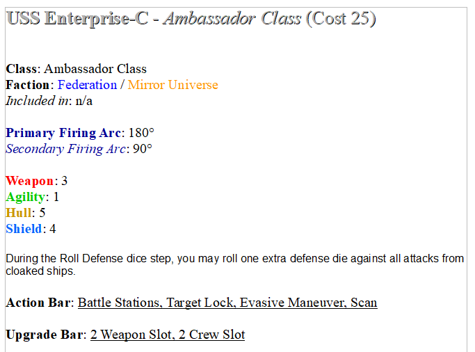 Bran_Ridire's tweet image. I noticed I couldn&apos;t find any #Ambassadorclass #FederationStarShips on the #AttackWing wiki.
So, I did a thing, @wizkidsgames! (You&apos;ll never see it but, eh)

#StarTrekAttackWing #StarTrekAlliance #EnterpriseC
#YesterdaysEnterprise #MirrorUniverse #UnitedFederationofPlanets