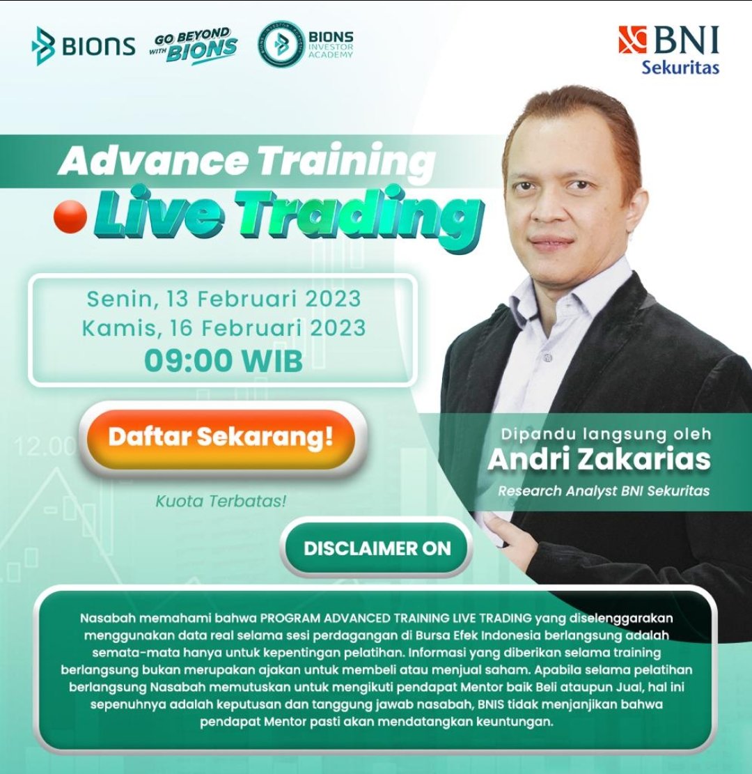 andri_zakarias's tweet image. Advanced Live Trading Training BNI Sekuritas Batch 23-24: 13 &amp;amp; 16 Februari, telah di ikuti 2.500 peserta. Khusus nasabah BNI Sekuritas,  Kuota terbatas.
 
#bnisekuritas46
#bions
#advancedtraining
#livetrading
#tradingbareng
#scalping
#saham
#analisateknikal 
#stockpick
#daytrade