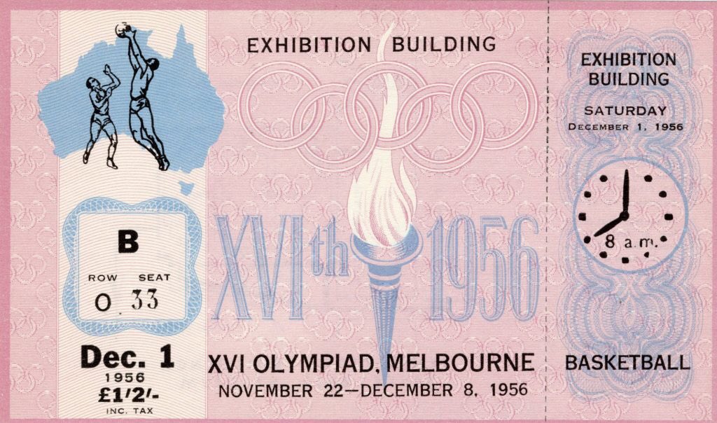 Lucas Walker (@lucaswaxy) on Twitter photo The ticket for men’s basketball at the Royal Exhibition Building in the 1956 Olympic Games in Melbourne The ticket for men’s basketball at the Royal Exhibition Building in the 1956 Olympic Games in Melbourne