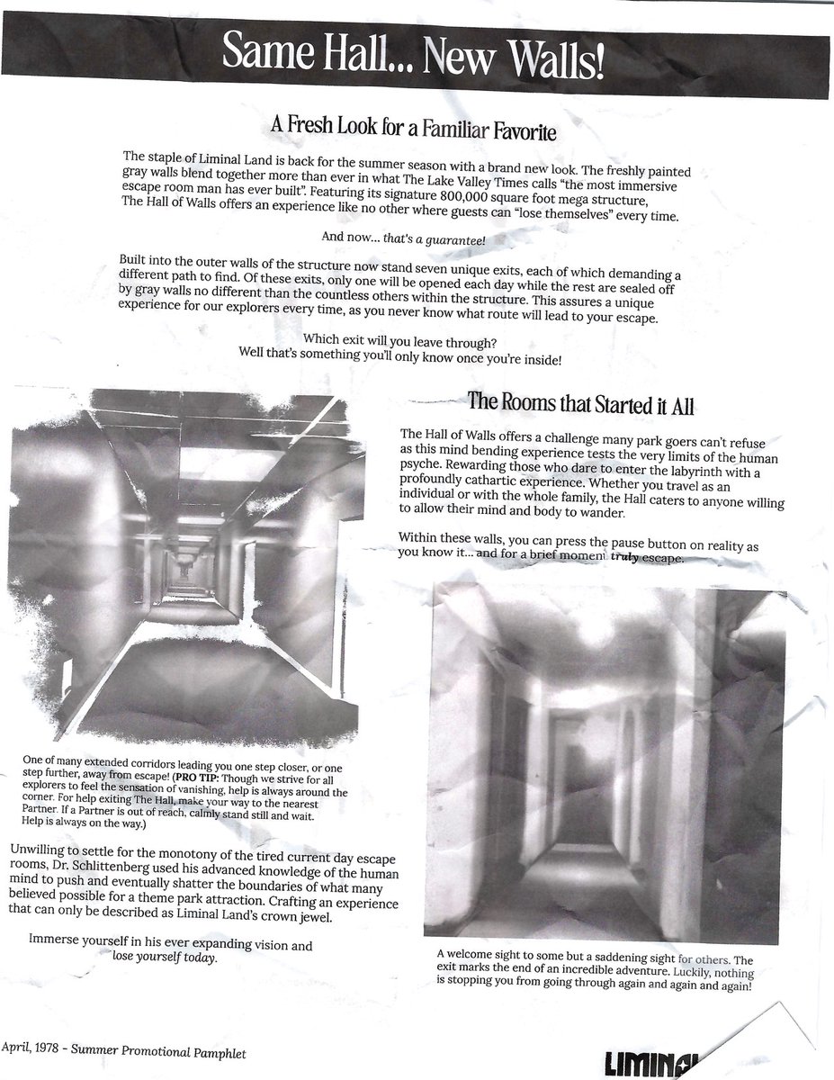 A page from the 1978 Liminal Land Summer Pamphlet dedicated to "The Hall of Walls", one of the largest escape rooms ever created. More pages from this pamphlet are currently in recovery. #visitliminalland