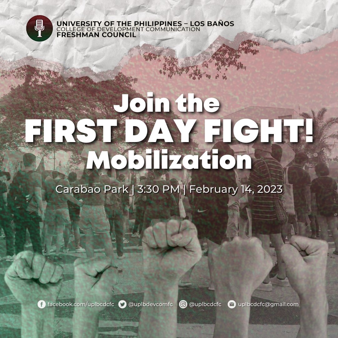 uplbdevcomfc's tweet photo. Inaanyayahan ng CDC FC ang lahat na dumalo at magpadalo sa gaganaping First Day Fight na mobilisasyon sa UPLB Carabao Park, ika-14 ng Pebrero, 3:30 ng hapon.

Iskolar ng Bayan, Ngayon ay Lumalaban!

#AcadEaseNow
#DoBetterUP
#NoToMROTC
#FirstDayFight
#CDCFC22 https://t.co/q8UPft23v4
