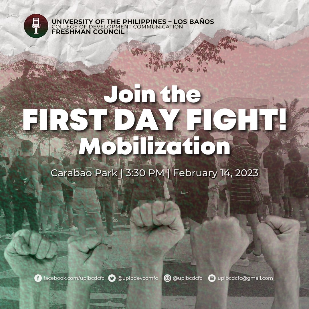 Inaanyayahan ng CDC FC ang lahat na dumalo at magpadalo sa gaganaping First Day Fight na mobilisasyon sa UPLB Carabao Park, ika-14 ng Pebrero, 3:30 ng hapon.

Iskolar ng Bayan, Ngayon ay Lumalaban!

#AcadEaseNow
#DoBetterUP
#NoToMROTC
#FirstDayFight
#CDCFC22