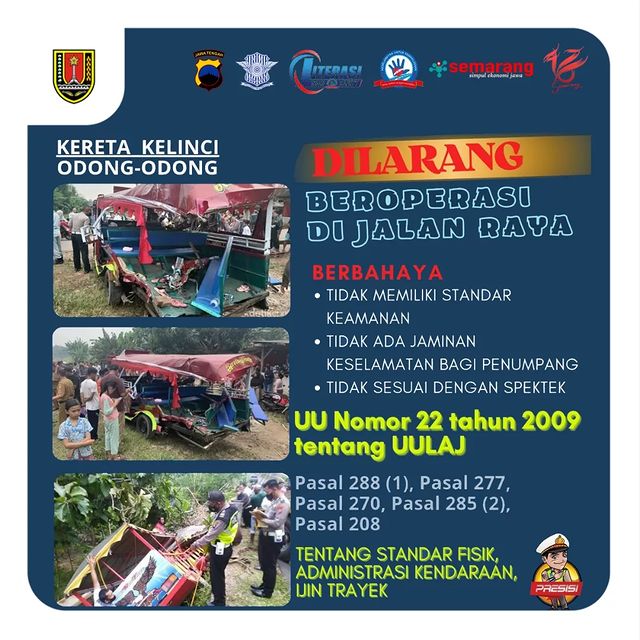 KERETA KELINCI DILARANG BEROPERASI DI JALAN RAYA

Kereta Kelinci / Odong-Odong tidak memiliki standart keamanan dan tidak ada jaminan keselamatan bagi penumpang yang membahayakan. Maka dari itu kini sesuai Peraturan Undang-Undang Kereta Kelinci dilarang beroperasi di jalan raya.