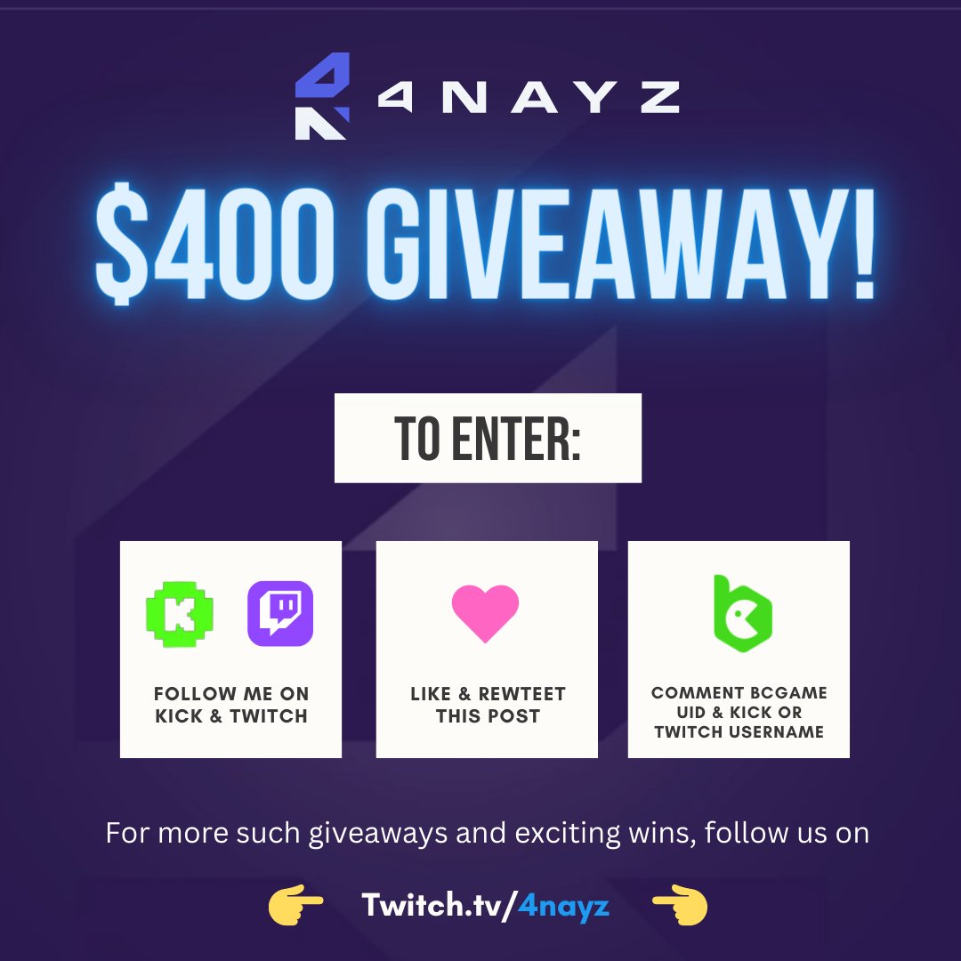 💸💰$400 GIVEAWAY🔥 !!!
🏆 $10 each to 40 lucky winners 🤑

1⃣Follow me on kick.com/4nayz &amp; twitch.tv/4nayz
2⃣Like❤️and retweet this tweet
3⃣Comment your BCgame uid and Kick/Twitch username

Ex: 
BCgame ID: 4156283
Kick/twitch: 4nayz 

Picked tomorrow on stream✅