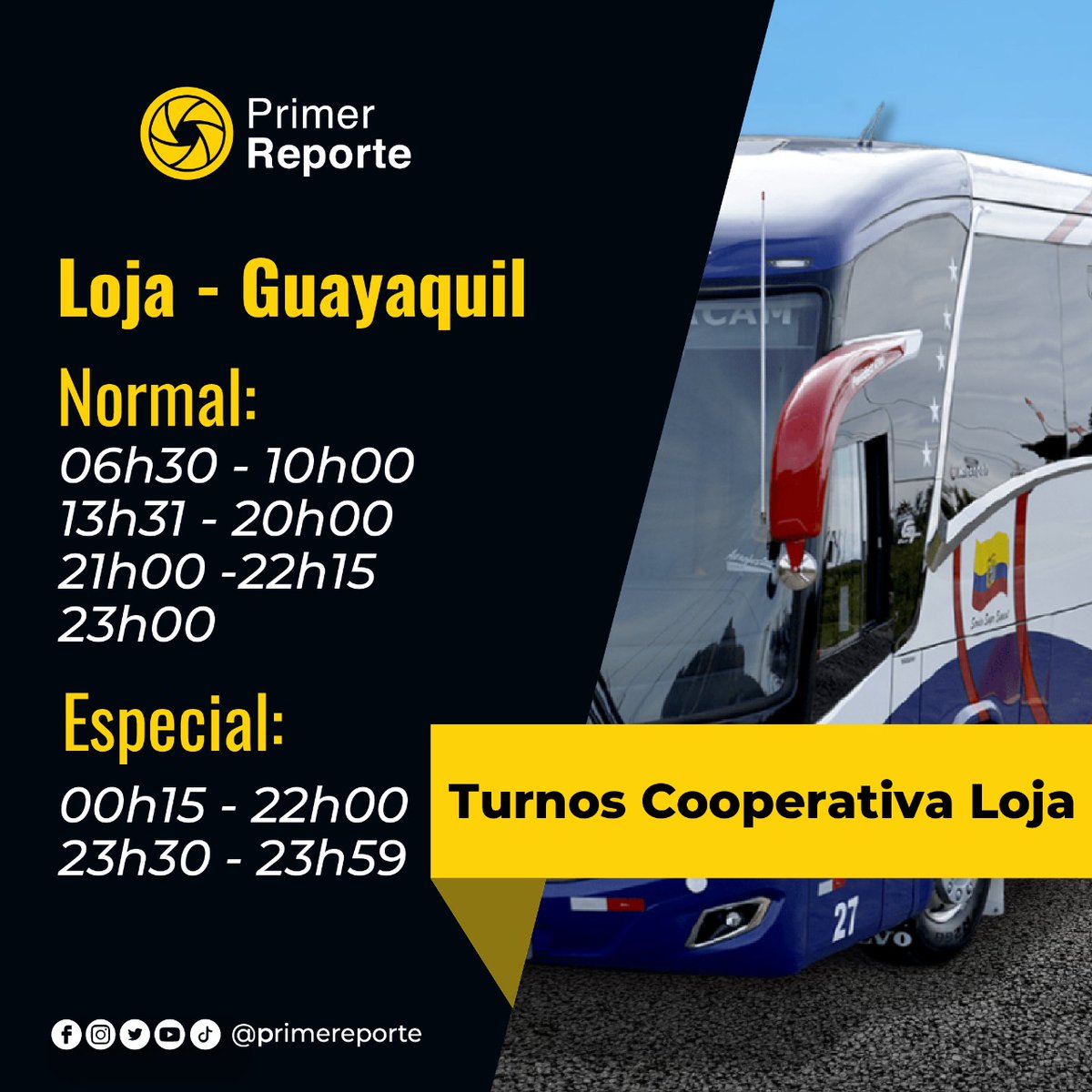 primereporte's tweet photo. #Loja | ¿Necesitas viajar de Loja a Guayaquill?
Te compartimos los horarios de salida desde la Terminal Terrestre Reina del Cisne.
#DatoPrimerReporte https://t.co/xI5KymiJjc