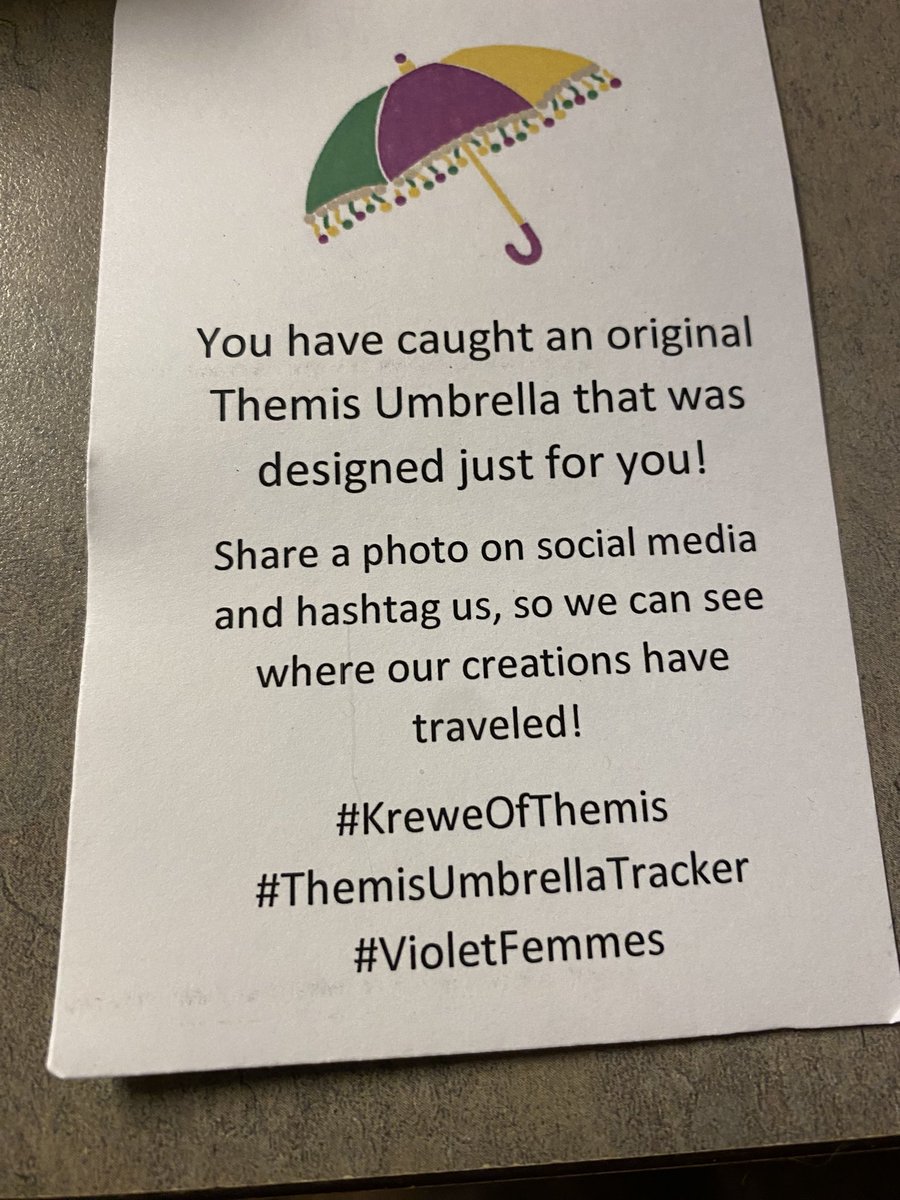 GreenWaveMan's tweet photo. Here is the umbrella I caught that I tweeted about earlier !!! It was actually from the #KreweOfThemis !!! I am forever grateful !!! And like the card says this umbrella was designed just for the Green Wave Man 💚💙🙌🏻🙌🏻 #ThemisUmbrellaTracker #VioletFemmes #RollWave https://t.co/BQDWDseP12