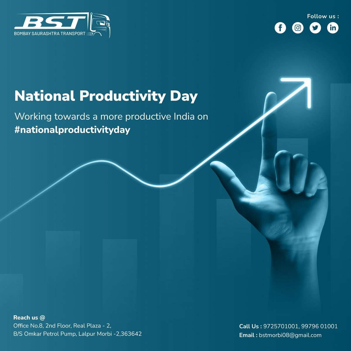 BSTmorbi's tweet photo. Working towards a more productive #India on 
#NationalProductivityDay

#BST #transport #partload #fullload #transportation #logistics #Morbitransport #Mumbaitransport #Punetransport #trucking #shipping #Business https://t.co/xpe2FQwRLm