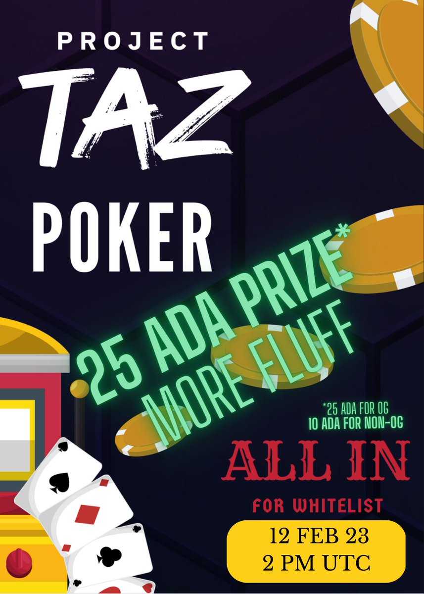 Weekly poker is here !
#ADA for grab and $FLUFF that can use in bearmarket.io from <a href="/TedNationNFT/">Ted Nation</a> 

Join us and get CRISPR List 

#Poker #CNFTCommunity #NFT #Poker #WLGiveaways #ProjectTAZ #CNFT #ADA #Cardano #Crypto #CRISPR