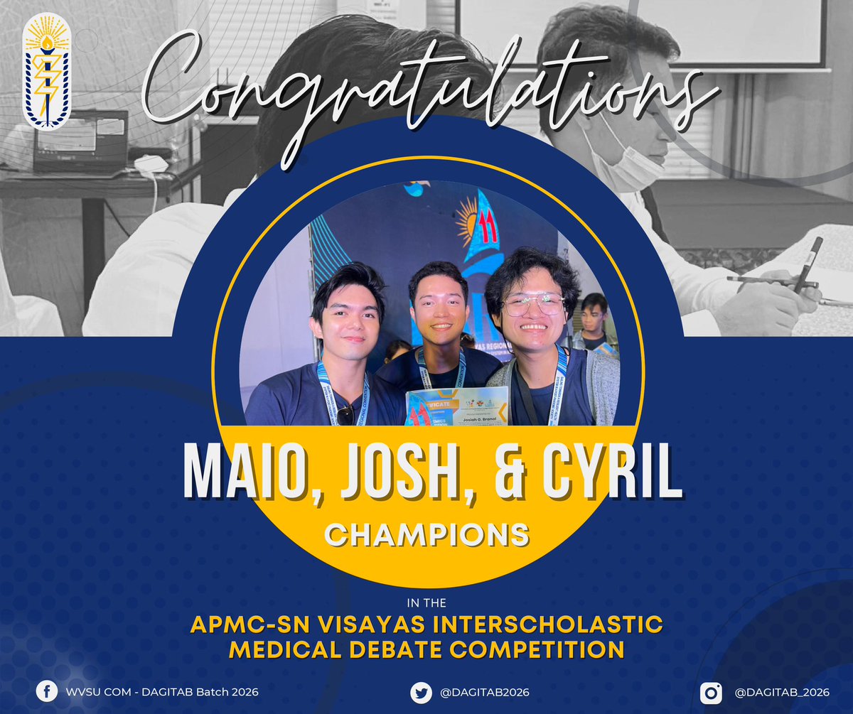 dagitab_2026's tweet photo. Congratulations to DAGÍTAB's Josh and Maio, and ASP's Cyril for the electrifying win at the recently concluded Interscholastic Medical Debate Competition of the 11th APMC-SN Visayas Regional Convention.
Words can't describe how proud we are of you.
#DAGÍTAB2026
#WVSUCOM https://t.co/fhg1k1CIMa
