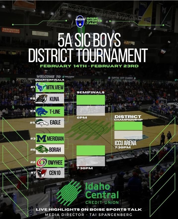 Mav fans - the District Tourney bracket is set! We play Kuna next Tuesday night.  6 pm at Owyhee. 
#FIGHT #HornsUp 
**bracket graphic courtesy  <a href="/boisesportstalk/">Boise Sports Talk</a>