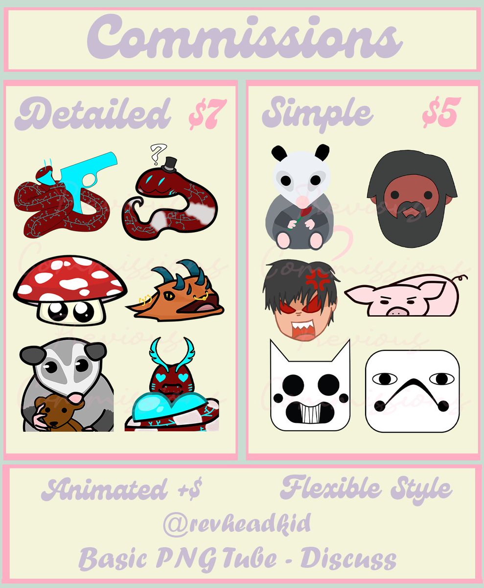 revheadkid's tweet photo. I've updated some of my pricing for emote / emoji commissions :3 https://t.co/LxATi552SC