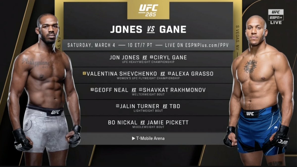 mma_kings's tweet photo. Here's the #UFC285 main card, per broadcast. https://t.co/RmY6Ugw44P