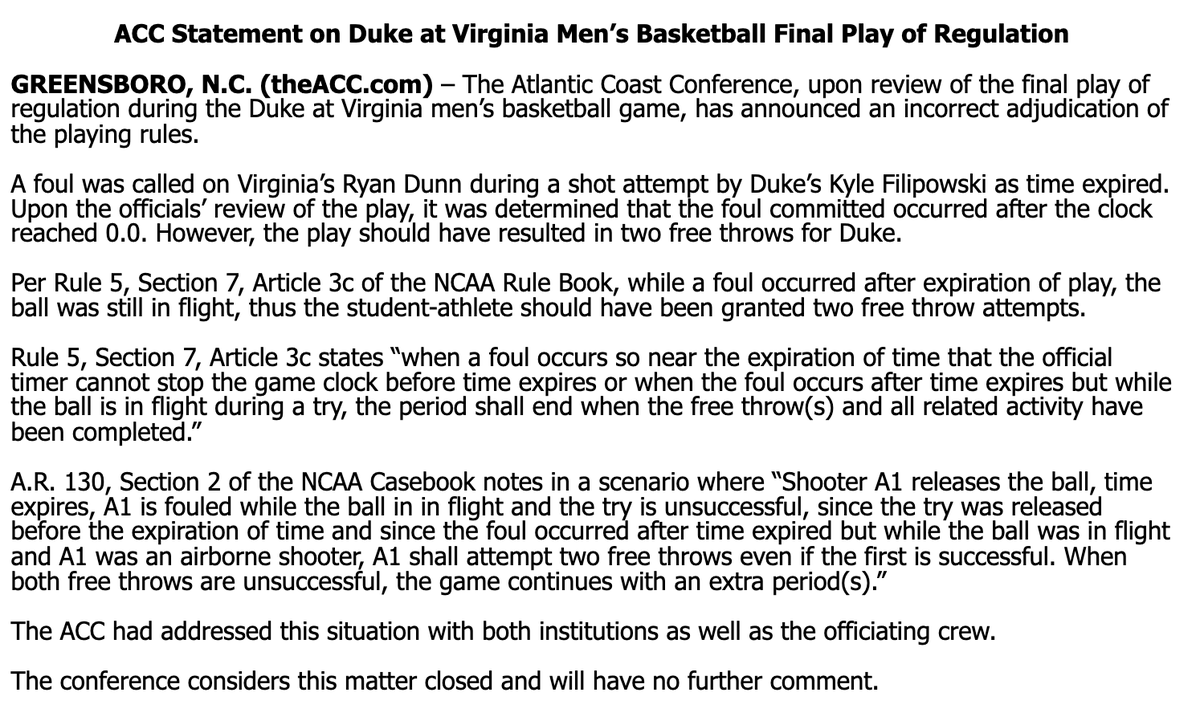 JonRothstein's tweet photo. The ACC has released a statement on Saturday's Duke-Virginia game. https://t.co/3tjAPAcnBf