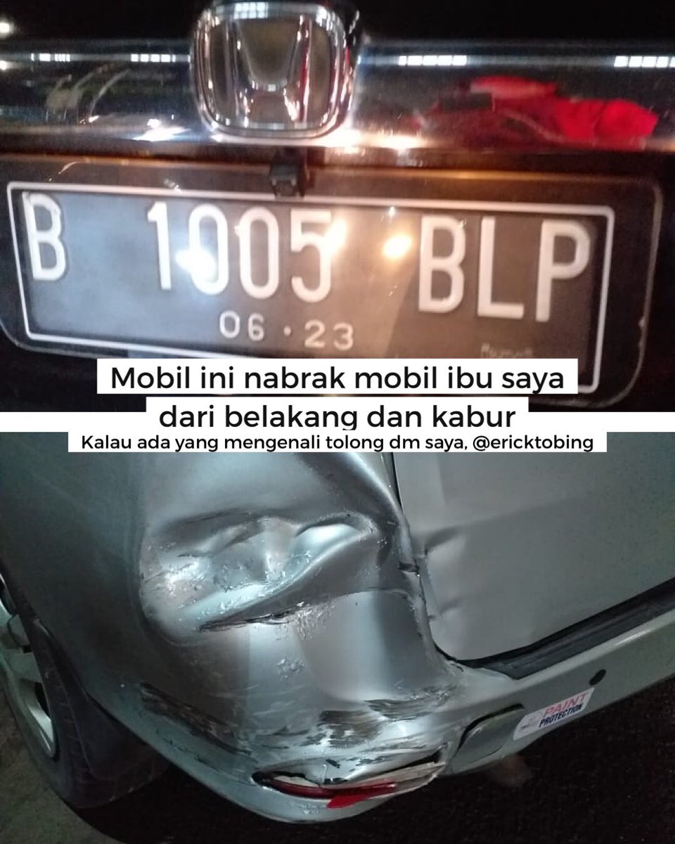 Tolong bantu sebarkan.

Sabtu (11/2), sekitar pk 20.45, mobil ibu saya ditabrak dari belakang oleh pengendara mobil Honda warna hitam dengan nopol B 1005 BLP, di lampu merah Slipi. Yang menabrak kabur.

Jika ada yg mengenali pelakunya, boleh bantu informasiin ya. Terima kasih.